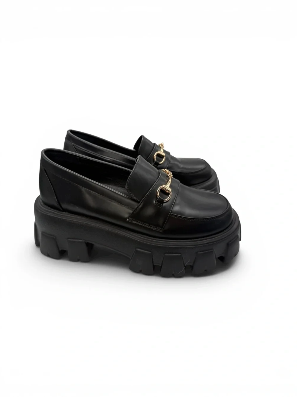 Princess Polly Black Faux Leather Lug Sole Loafers with Gold Hardware